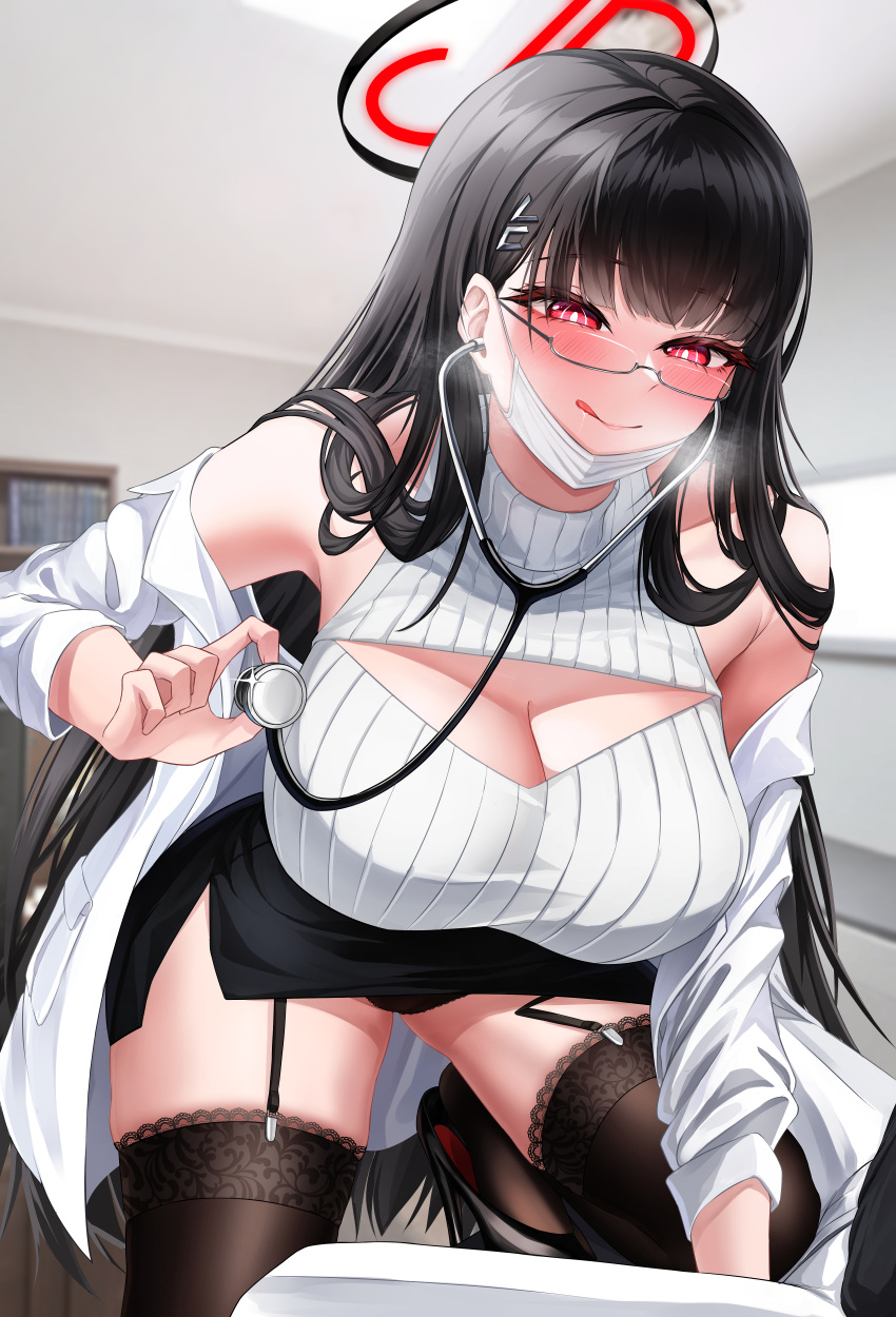 1girl 1other :q absurdres alternate_costume bare_shoulders black_hair black_halo black_panties black_skirt black_thighhighs blue_archive blush breasts cleavage_cutout clothing_cutout coat commentary_request garter_belt garter_straps glasses halo heavy_breathing highres indoors infirmary lab_coat large_breasts long_hair looking_at_another mask mask_lift mouth_mask nurse panties rectangular_eyewear red_eyes rio_(blue_archive) school_nurse skirt ssb_(nit8921) stethoscope sweater thighhighs tongue tongue_out underwear white_coat white_mask white_sweater