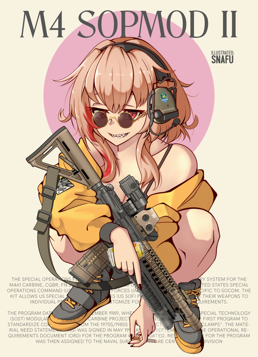 1girl absurdres artist_name assault_rifle black_footwear black_nails can character_name cigarette english_text girls'_frontline glasses grenade_launcher gun gun_sling highres holding holding_can holding_cigarette jacket lemonade light_brown_hair m203 m4_carbine m4_sopmod_ii_(girls'_frontline) multicolored_hair optical_sight red_eyes red_hair rifle sharp_teeth shoes sight_magnifier sign smile snafu_(snafy_snu) sneakers solo squatting streaked_hair teeth two-tone_footwear underbarrel_grenade_launcher warning_sign weapon weapon_name white_background yellow_footwear yellow_jacket