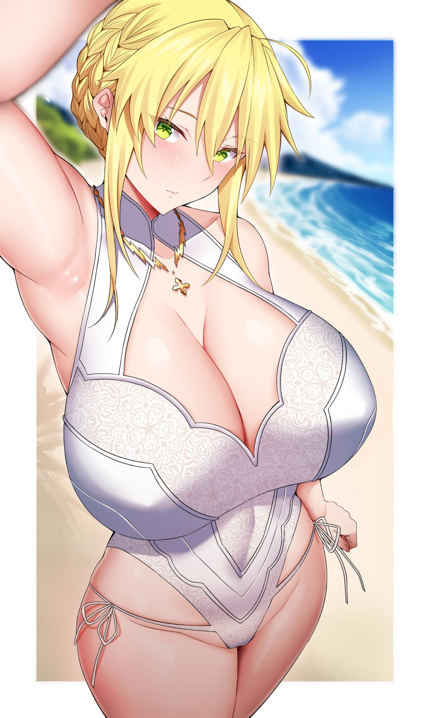 1girl absurdres arind_yudha arm_behind_head armpits artoria_pendragon_(fate) artoria_pendragon_(swimsuit_ruler)_(fate) artoria_pendragon_(swimsuit_ruler)_(second_ascension)_(fate) beach blonde_hair blue_sky blurry blurry_background blush border breasts cleavage fate/grand_order fate_(series) green_eyes highres huge_breasts looking_at_viewer ocean one-piece_swimsuit palm_tree sidelocks sky smile sparkle summer swimsuit tree white_border white_one-piece_swimsuit