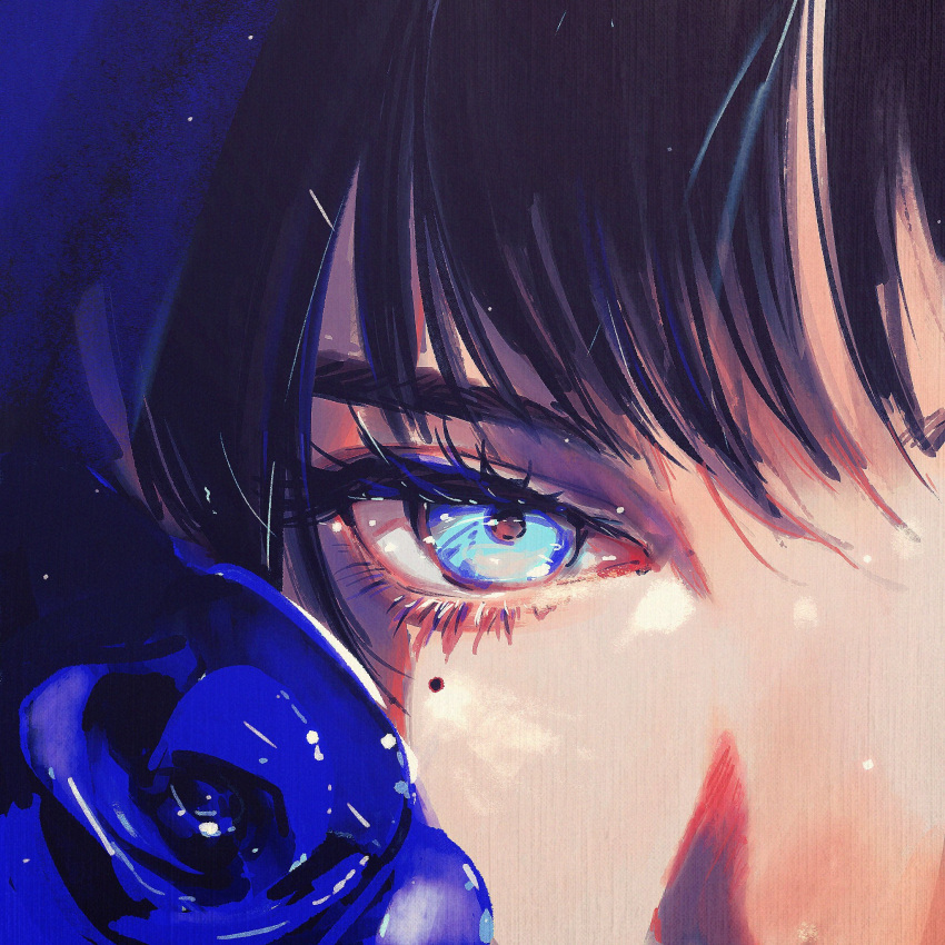 1girl ado_(utaite) adochansukisuki black_hair blue_eyes blue_flower blue_rose chando_(ado) close-up cloud_nine_inc commentary eye_focus flower hashtag_only_commentary highres looking_at_viewer mole mole_under_eye rose solo utaite