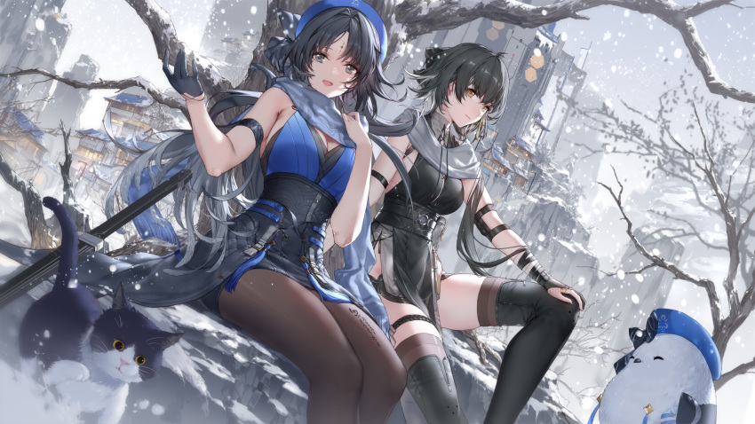 2girls architecture bare_shoulders black_cat black_gloves black_hair black_thighhighs blue_headwear breasts brown_pantyhose cat character_request chinese_commentary cleavage commentary_request east_asian_architecture gloves grey_hair half_gloves highres medium_breasts multiple_girls open_mouth outdoors pantyhose pelvic_curtain sitting snow snowing swd3e2 thighhighs white_cat wuthering_waves yangyang_(wuthering_waves) yellow_eyes