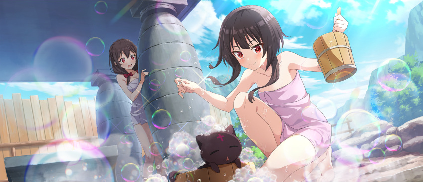 2girls =_= bare_legs bare_shoulders barefoot bathing black_cat blush breasts brown_hair bucket cat chomusuke cleavage closed_mouth cloud collarbone day diffraction_spikes dutch_angle flat_chest hair_between_eyes highres holding katateoke kono_subarashii_sekai_ni_shukufuku_wo! legs_folded long_hair looking_at_another megumin multiple_girls naked_towel official_art on_one_knee open_mouth outdoors pink_towel red_eyes relaxing short_hair short_hair_with_long_locks sky smile smug soap_bubbles squatting standing sunlight thighs third-party_source towel tree triangle_mouth v-shaped_eyebrows wet wooden_bucket yunyun_(konosuba)