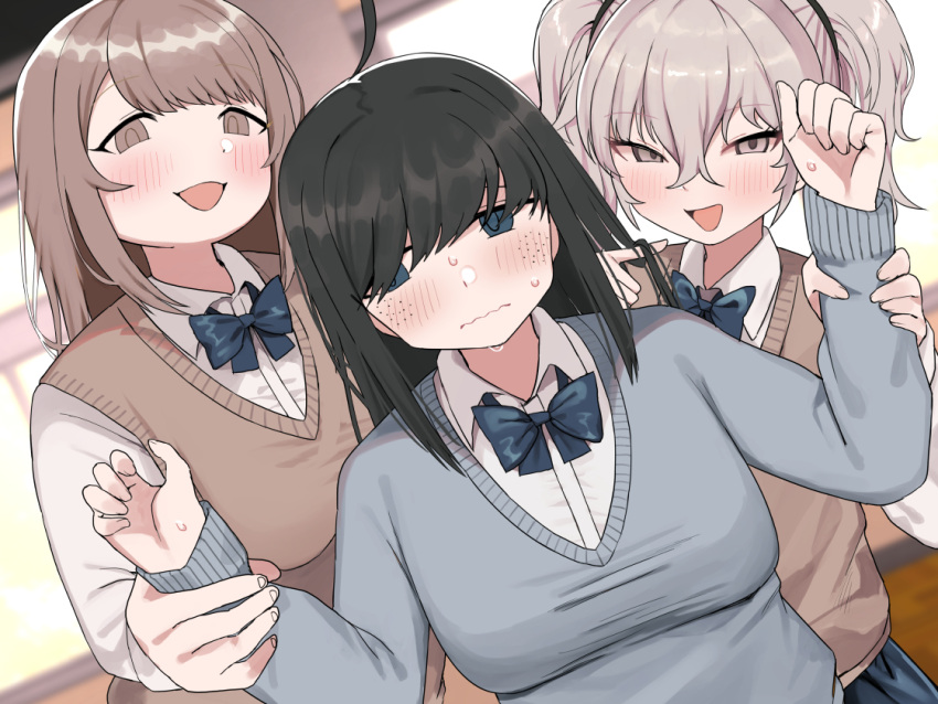 3girls :d ahoge black_hair blue_bow blue_eyes blush bow breasts brown_eyes brown_hair brown_sweater_vest freckles grey_sweater gyaru holding_another's_arm indoors jimiko light_brown_hair long_hair long_sleeves medium_breasts multiple_girls niizuka_(c-drop) original playing_with_another's_hair school_uniform smile standing sweat sweater sweater_vest wavy_mouth