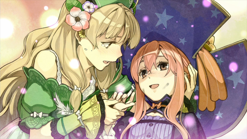 atelier_(series) atelier_ayesha ayesha_altugle blonde_hair brown_eyes dirty_face eye_contact flower game_cg hair_flower hair_ornament hat hidari_(left_side) highres holding_hands light_particles long_hair looking_at_another multiple_girls official_art pink_hair print_hat short_hair sidelocks smile star star_print tears upper_body wilbell_voll=erslied wrist_cuffs