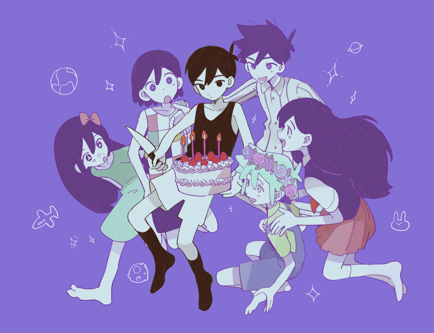 +_+ 2girls 4boys :d :o absurdres aubrey_(headspace)_(omori) aubrey_(omori) bare_arms bare_shoulders barefoot basil_(headspace)_(omori) basil_(omori) birthday_cake black_eyes black_hair black_socks black_tank_top black_vest blue_overalls bow bright_pupils cake child collarbone commentary dot_nose dress expressionless flower_wreath food full_body green_dress green_eyes green_hair green_shirt hair_bow hand_on_another's_shoulder head_wreath hero_(headspace)_(omori) hero_(omori) highres holding holding_food holding_knife jumping kel_(headspace)_(omori) kel_(omori) kneehighs knife long_hair mari_(headspace)_(omori) mari_(omori) mdmdmdmd23eng multiple_boys multiple_girls official_style omori omori_(omori) open_mouth orange_skirt overalls pajamas purple_background purple_eyes purple_hair shirt short_hair shorts simple_background skirt smile socks squatting striped_clothes striped_pajamas symbol-only_commentary tank_top vest walking white_pupils white_shorts white_socks