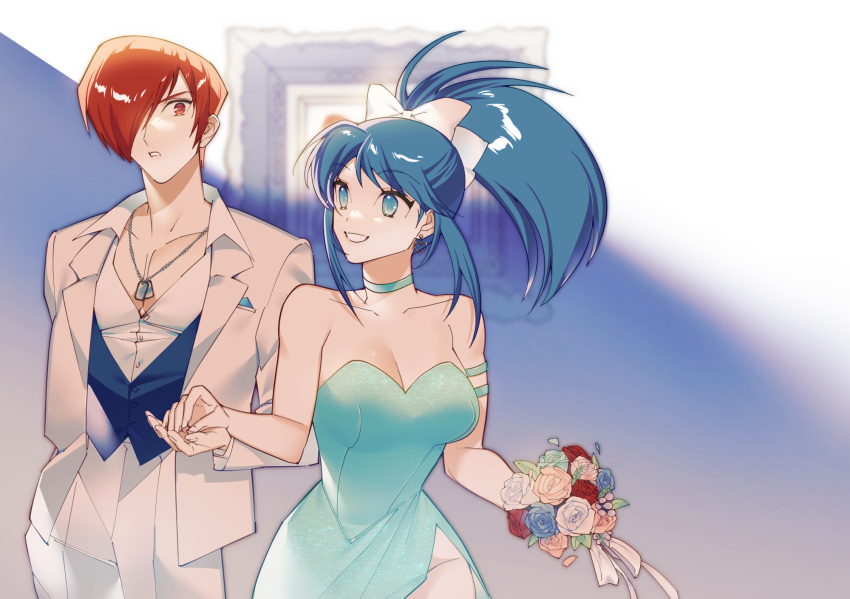 1boy 1girl blue_hair bouquet choker collar couple dress earrings heart heart_earrings highres holding_hands jacket jewelry leona_heidern light_blue_dress one_eye_closed otoseto pants ponytail red_eyes red_hair ribbon smile snk_heroines:_tag_team_frenzy suit the_king_of_fighters vest white_jacket white_pants white_ribbon yagami_iori