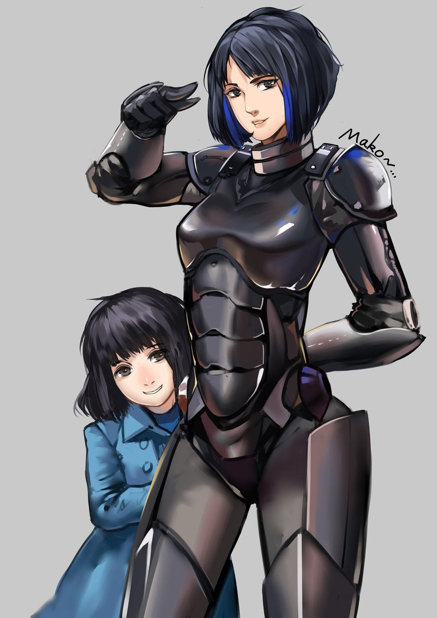 absurdres age_difference armor black_eyes black_hair blue_hair bob_cut bodysuit child citemer drivesuit dual_persona highres jacket mako_mori multicolored_hair multiple_girls pacific_rim salute science_fiction short_hair simple_background streaked_hair