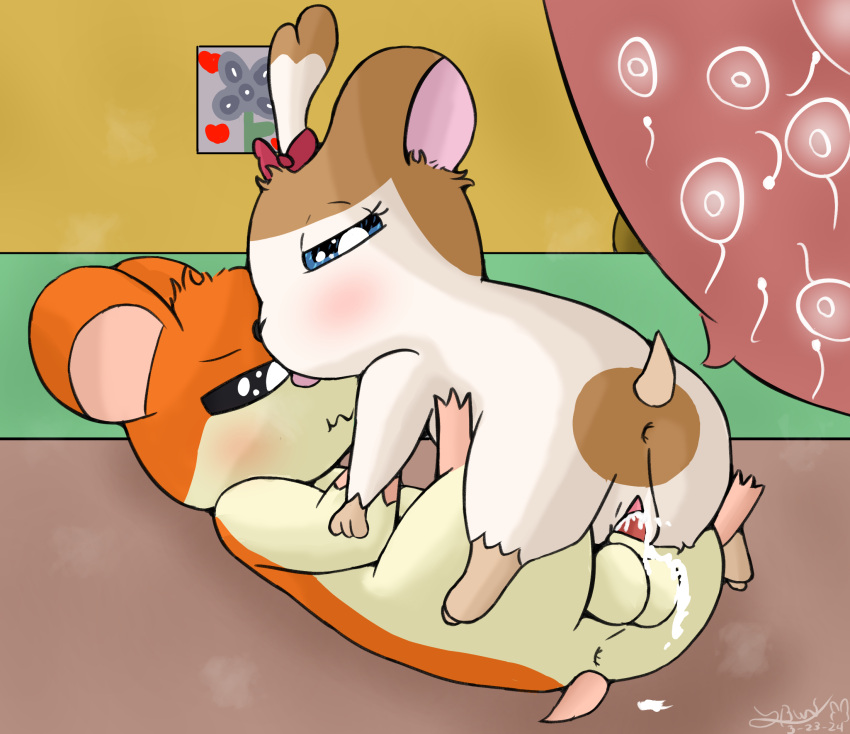 2024 anus barrette_(hamtaro) bedroom blush bodily_fluids cricetid cum cum_inside digital_media_(artwork) duo ejaculation ejaculation_while_penetrated erection female female_on_top feral fur genital_fluids hamster hamtaro hamtaro_(series) hi_res impregnation looking_back male male/female mammal multicolored_body multicolored_fur on_top penetration penile penile_penetration penis_in_pussy rodent tongue tongue_out trippybunny two_tone_body two_tone_fur vaginal vaginal_penetration