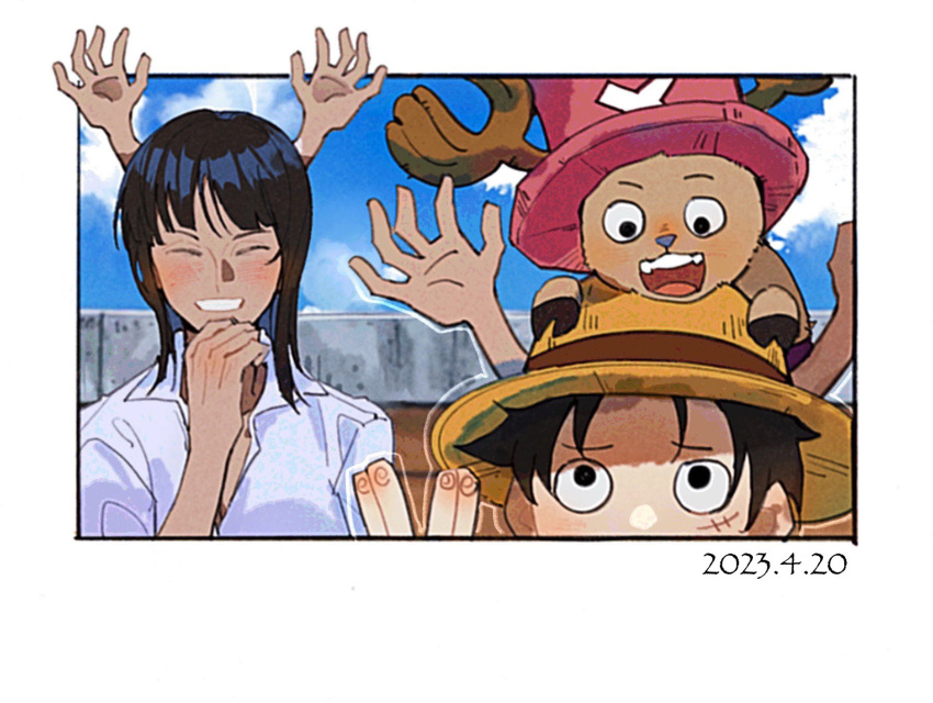 1girl 2023 2boys ^_^ antlers black_hair blush close-up closed_eyes cloud collared_shirt commentary cross dated extra_arms hat highres horns looking_down looking_up medium_hair monkey_d._luffy multiple_boys nico_robin on_head one_piece onecata11 pink_hat salute scar scar_on_face shirt short_hair sky smile straw_hat tony_tony_chopper vulcan_salute