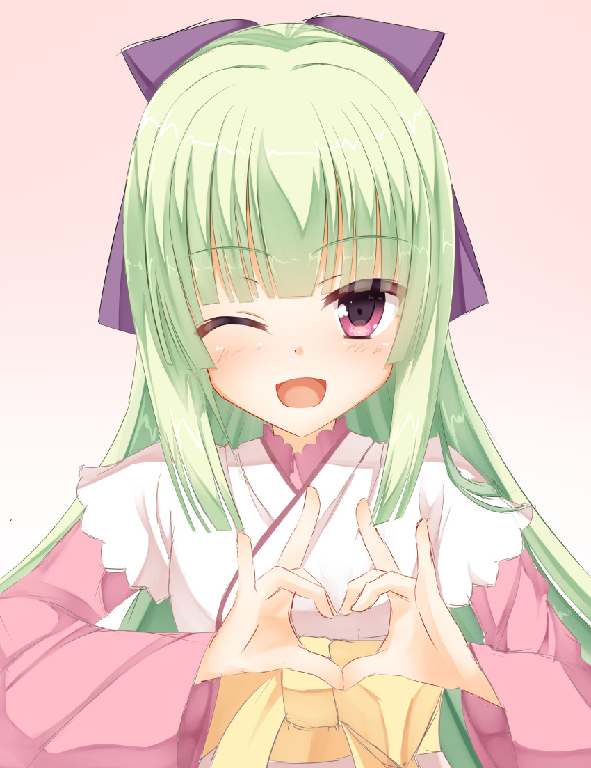 1girl ;d absurdres blunt_bangs blunt_ends blush clip_studio_paint_(medium) commentary eyes_visible_through_hair green_hair hair_ribbon hands_up happy heart heart_hands highres hime_cut japanese_clothes kimono long_hair long_sleeves looking_at_viewer makochan42 murasame_(senren) official_alternate_costume official_alternate_hairstyle one_eye_closed open_mouth pink_background pink_kimono purple_ribbon red_eyes ribbon sash senren_banka sidelocks simple_background smile solo straight-on straight_hair tsurime upper_body wide_sleeves yellow_sash