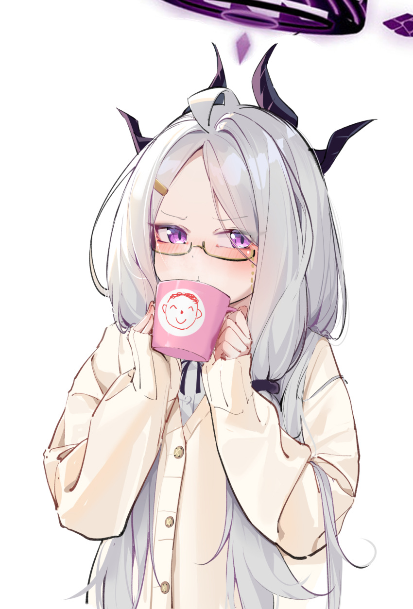 1girl ahoge bespectacled black_horns blue_archive blush buttons cardigan closed_mouth cup demon_horns doodle_sensei_(blue_archive) glasses grey_hair halo highres hina_(blue_archive) holding holding_cup horns long_hair long_sleeves looking_at_viewer multiple_horns painterliuhao purple_eyes sensei_(blue_archive) shirt simple_background solo upper_body white_background white_cardigan white_shirt