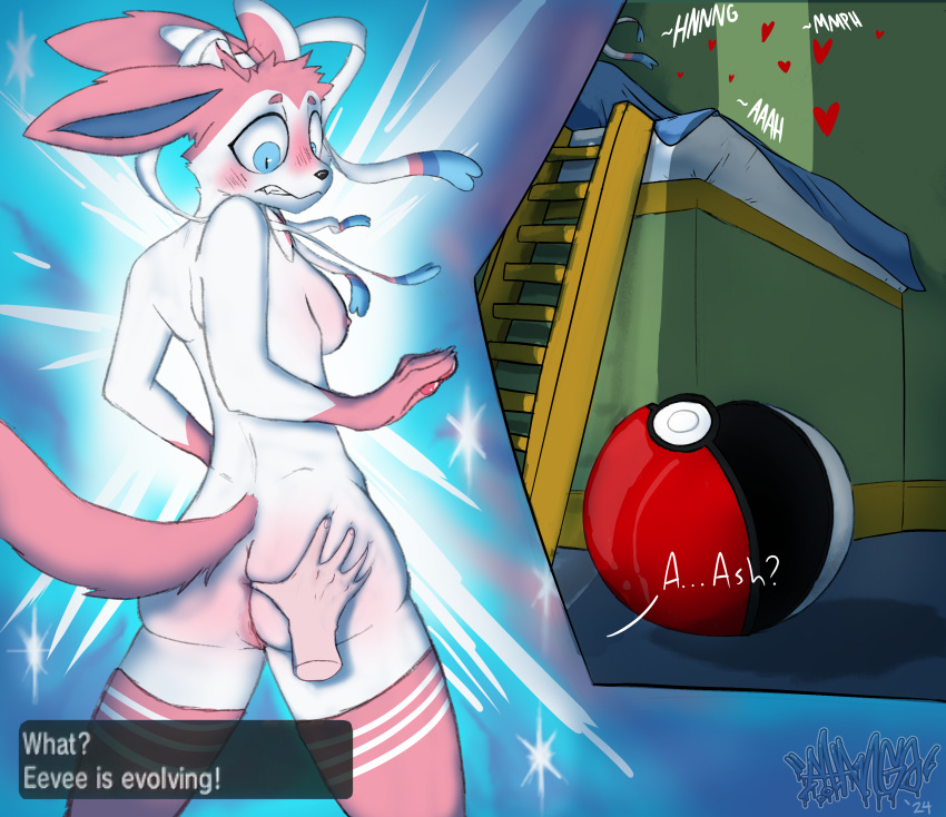 absurd_res anthro ash_ketchum big_butt blush blush_lines body_blush butt butt_grab clothing duo eeveelution female flustered generation_6_pokemon hand_on_butt hi_res legwear male male/female mangodrawscsp nintendo nude pokeball pokemon pokemon_(species) pussy_blush sylveon thigh_highs