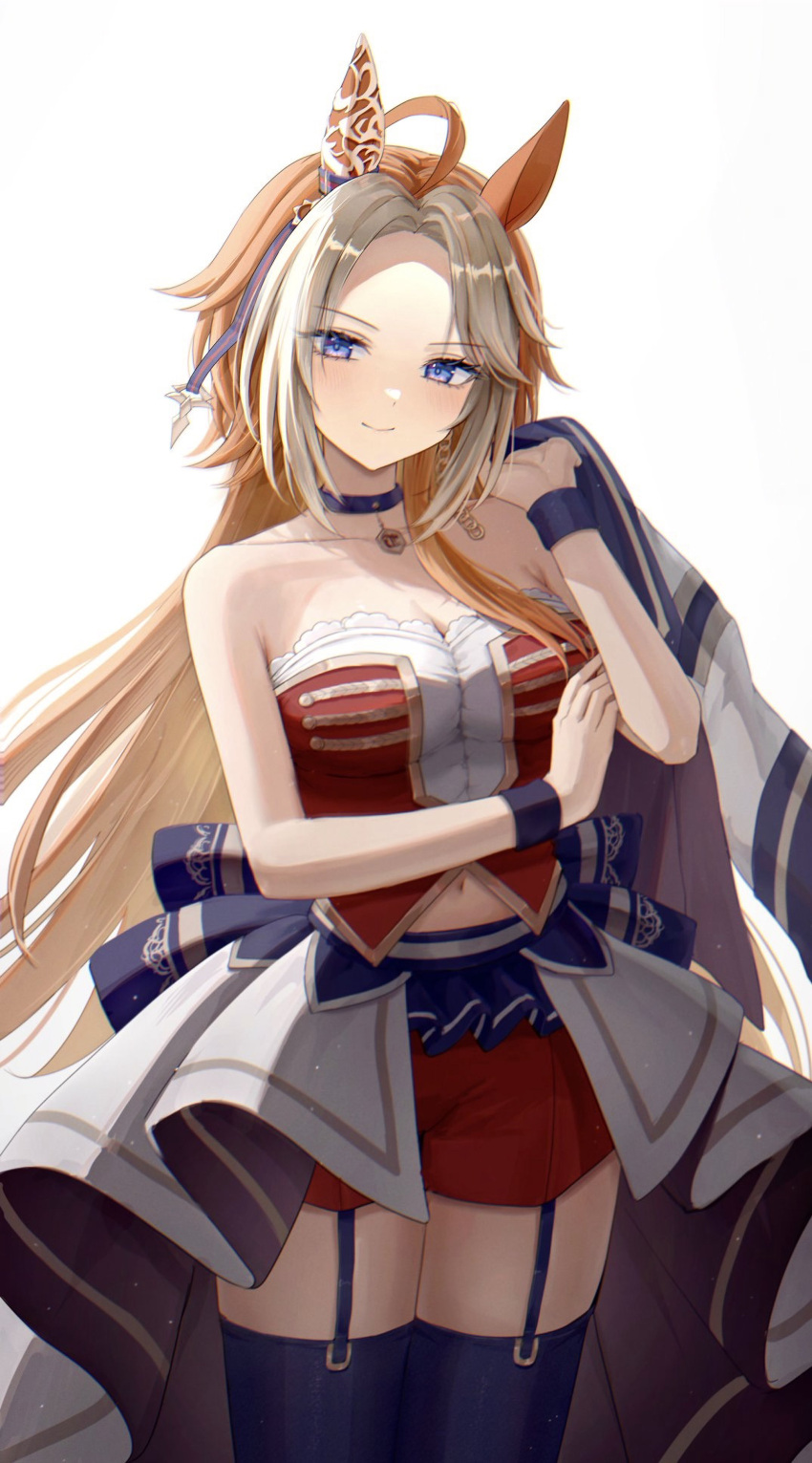 1girl absurdres ahoge animal_ears bare_shoulders blue_eyes blue_garter_straps blue_thighhighs breasts cleavage closed_mouth commentary_request crop_top ear_covers highres horse_ears horse_girl jacket long_hair looking_at_viewer multicolored_hair navel orange_hair orfevre_(umamusume) red_shorts shirt short_shorts shorts showgirl_skirt simple_background single_ear_cover solo strapless strapless_shirt streaked_hair thighhighs umamusume unworn_jacket white_background white_hair yoimoriyoru