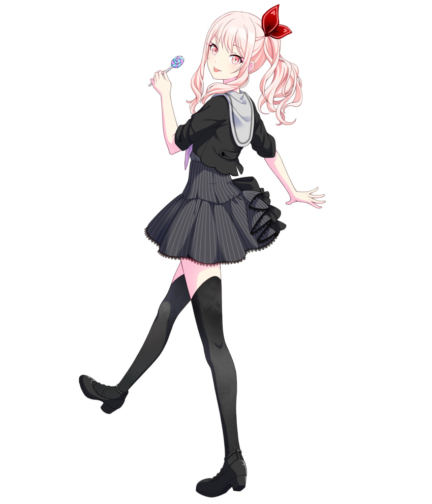 1other :p akiyama_mizuki black_footwear black_jacket black_socks candy cropped_jacket dress food from_side full_body grey_dress head_tilt highres holding holding_candy holding_food holding_lollipop jacket lollipop long_hair looking_at_viewer non-web_source official_art other_focus pink_eyes pink_hair project_sekai side_ponytail sleeves_rolled_up socks tachi-e thighhighs tongue tongue_out transparent_background