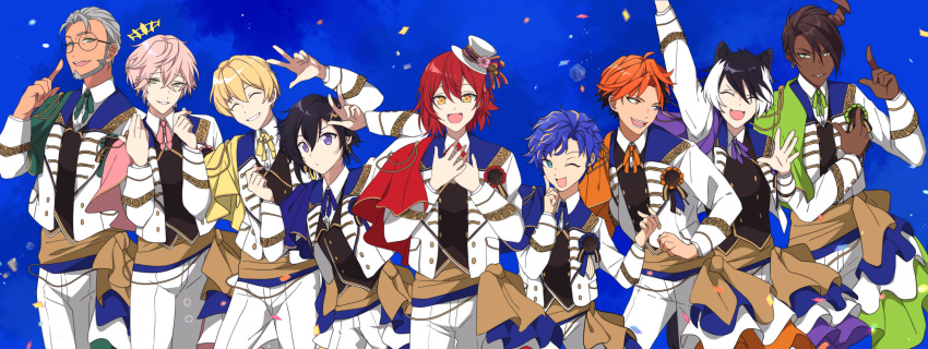 6+boys animal_ears aragami_oga arm_up arurandeisu arurandeisu_(old_design) astel_leda black_hair blonde_hair blue_background blue_eyes blue_hair capelet closed_eyes confetti crown dark-skinned_male dark_skin earrings glasses gloves green_eyes hair_between_eyes hanasaki_miyabi happy hat heterochromia highres holostars holostars_idol_uniform_(1st_act) horns idol jackal_boy jackal_ears jacket jewelry kageyama_shien kanade_izuru kishido_temma looking_at_viewer male_focus mini_hat mini_top_hat multicolored_hair multiple_boys nekoromancer one_eye_closed open_mouth orange_hair pants pink_hair pointing pointing_up purple_eyes red_hair rikka_(holostars) shirt short_hair single_horn smile solo streaked_hair top_hat uniform upper_body v virtual_youtuber yellow_eyes yukoku_roberu