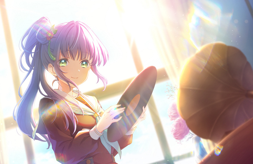 1girl aqua_neckerchief backlighting brown_dress closed_mouth dress dutch_angle flower game_cg green_eyes hair_bun hair_flower hair_ornament hasu_no_sora_school_uniform highres holding holding_record lens_flare lens_flare_abuse link!_like!_love_live! long_hair long_sleeves looking_at_viewer love_live! neckerchief official_art otomune_kozue phonograph purple_hair record red_flower sailor_collar sailor_dress school_uniform side_ponytail sidelocks single_side_bun smile solo third-party_source upper_body white_sailor_collar winter_uniform