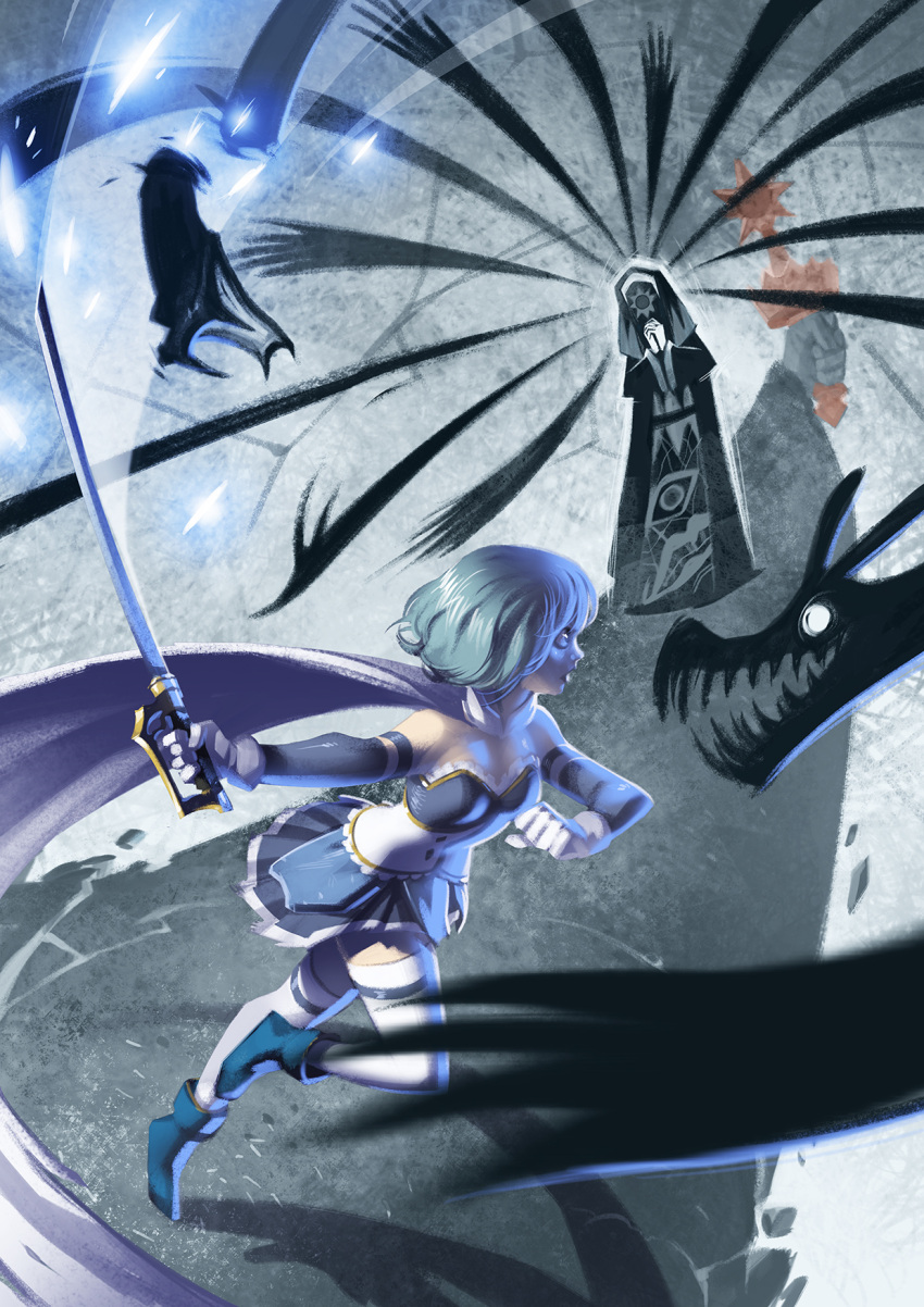 battle blue_eyes blue_footwear blue_hair boots cape elsa_maria_(madoka_magica) gloves highres holding holding_sword holding_weapon les-chats-nocturnes magical_girl mahou_shoujo_madoka_magica mahou_shoujo_madoka_magica_(anime) miki_sayaka sebastians_(madoka_magica) shadow short_hair skirt sword thigh_strap thighhighs weapon white_cape white_gloves witch's_labyrinth witch_(madoka_magica) zettai_ryouiki