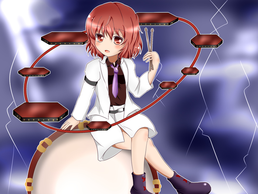 ankle_boots armband boots crossed_legs drum drum_set drumsticks gradient gradient_background highres horikawa_raiko instrument jacket kamesys looking_at_viewer necktie open_mouth red_eyes red_hair short_hair simple_background sitting skirt solo touhou