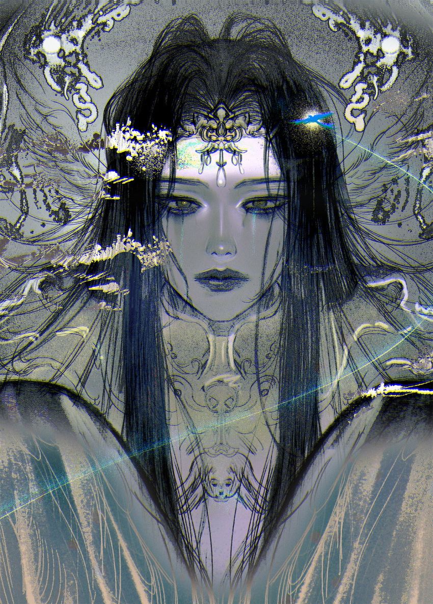 1girl abstract_background black_hair black_lips black_tears circlet collar colored_skin commentary_request expressionless feathered_wings final_fantasy final_fantasy_xiv grey_background grey_skin ham_ff_14 head_wings highres korean_commentary limited_palette long_hair looking_at_viewer metal_collar simple_bird solo straight-on straight_hair tears the_endsinger upper_body wings yellow_eyes