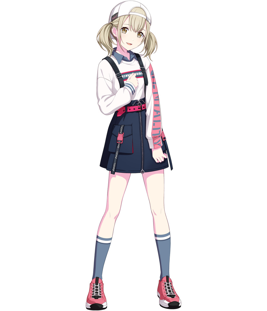 1girl :d azusawa_kohane backwards_hat baseball_cap belt blonde_hair blue_socks brown_eyes full_body hand_on_own_chest hat highres kneehighs long_sleeves looking_at_viewer non-web_source official_art pink_footwear project_sekai shirt shoes short_twintails skirt smile sneakers socks solo suspender_skirt suspenders tachi-e transparent_background twintails white_hat white_shirt zipper_skirt