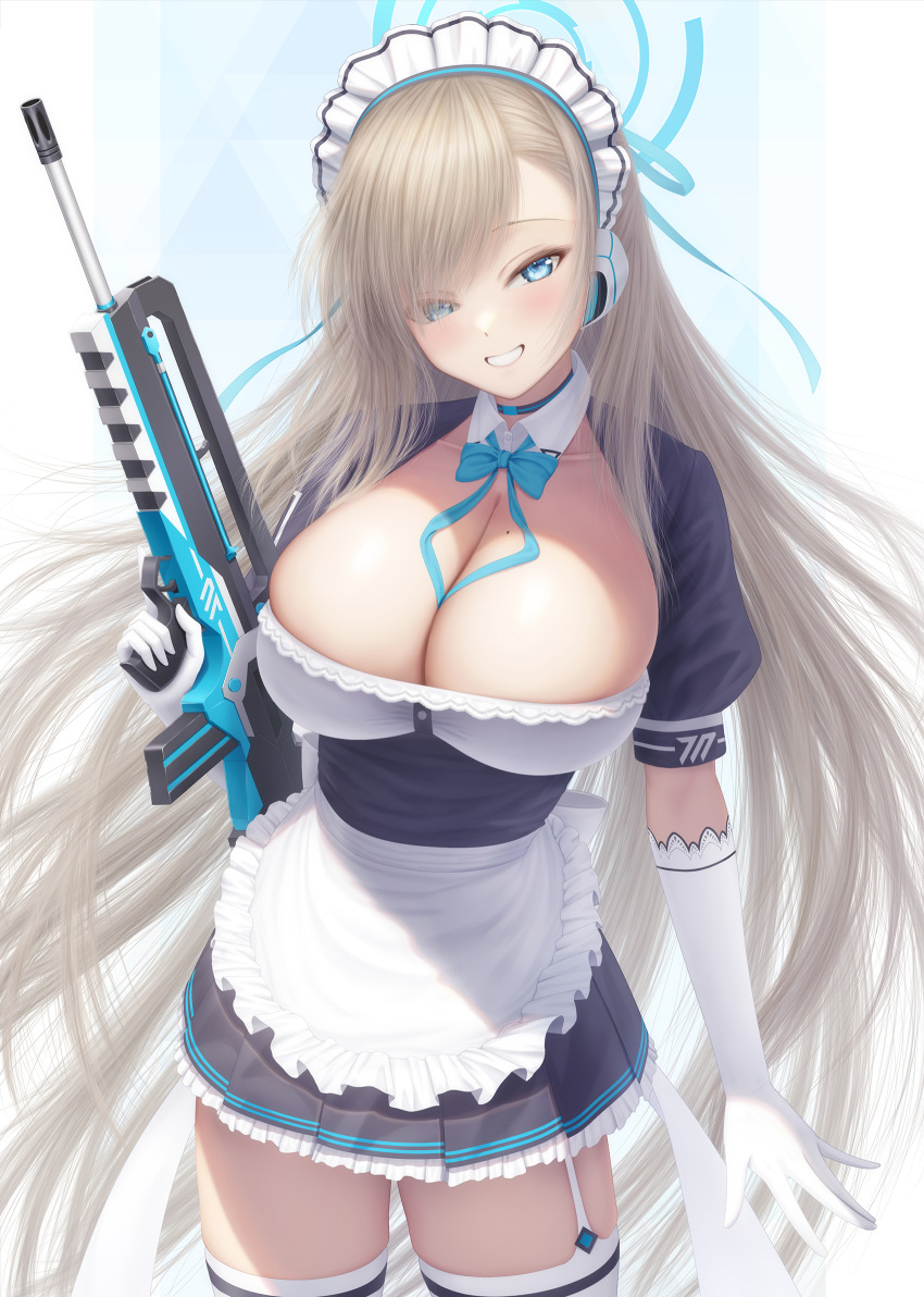 1girl apron asuna_(blue_archive) black_choker blue_archive blue_eyes blue_halo blush breasts choker cowboy_shot detached_collar frilled_apron frills gloves grin gun hair_over_one_eye halo highres holding holding_gun holding_weapon light_brown_hair long_hair looking_at_viewer maid maid_apron maid_headdress masatoki mole mole_on_breast puffy_short_sleeves puffy_sleeves short_sleeves smile solo thighhighs weapon white_apron white_gloves white_thighhighs