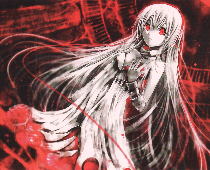 albino album_cover cable cover dress flat_chest headphones highres kei_(keigarou) long_hair looking_at_viewer original parted_lips red_eyes scan scan_artifacts solo very_long_hair white_dress white_hair white_skin