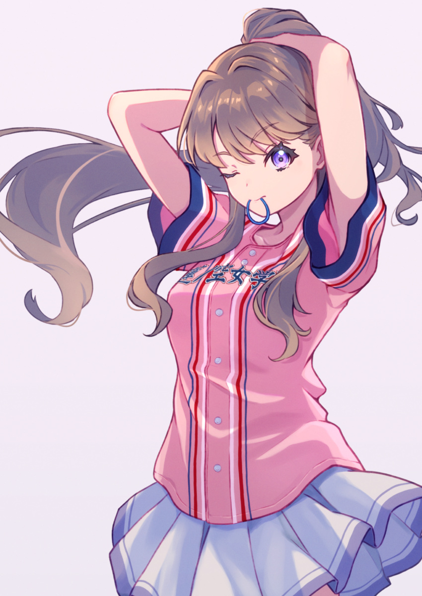 1girl baseball_jersey brown_hair character_name closed_mouth cropped fujishima_megumi full_body hair_over_shoulder hair_tie_in_mouth highres link!_like!_love_live! long_hair looking_at_viewer love_live! macken miniskirt mouth_hold one_eye_closed pink_shirt pleated_skirt ponytail purple_eyes raised_eyebrow shirt shoes short_sleeves skirt smile solo swept_bangs tying_hair white_background white_skirt