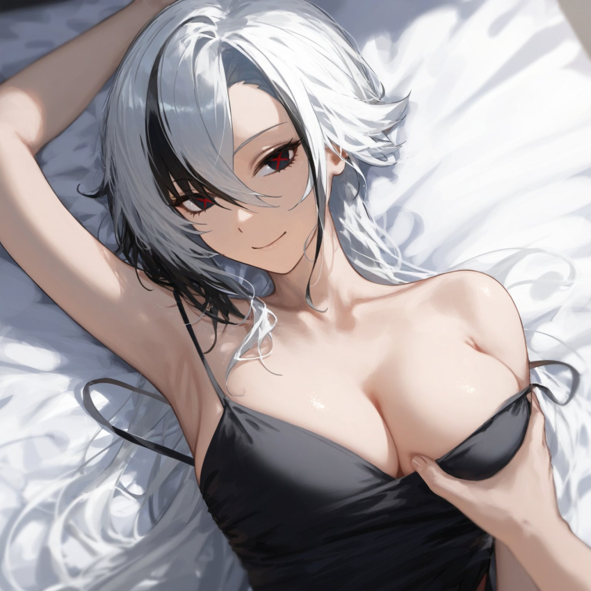 1girl 1other ai-generated arlecchino_(genshin_impact) arm_up armpits bare_shoulders bed bed_sheet black_dress black_eyes black_hair breasts cleavage dress genshin_impact grabbing grabbing_another's_breast hair_between_eyes highres large_breasts looking_at_viewer lying medium_hair meph1us multicolored_hair on_back red_eyes sleeveless sleeveless_dress smile two-tone_eyes two-tone_hair upper_body white_hair