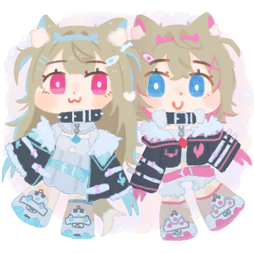 2girls 88s_pilgrimage :3 animal_ear_fluff animal_ears belt belt_collar black_jacket blonde_hair blue_belt blue_eyes blue_gloves blue_hair bright_pupils chibi closed_mouth collar colored_inner_animal_ears commentary dog_ears dog_girl dot_nose double-parted_bangs dress frilled_shorts frills full_body fuwawa_abyssgard gloves hair_ornament hairclip headband highres holoadvent hololive hololive_english jacket light_blue_hair long_hair long_sleeves looking_at_another mococo_abyssgard multicolored_hair multiple_girls multiple_hairpins open_clothes open_jacket pink_belt pink_eyes pink_gloves pink_hair shirt short_hair shorts siblings side-by-side sisters smile spiked_collar spikes symbol-only_commentary tail two-tone_hair two_side_up white_background white_dress white_footwear white_pupils white_shirt white_shorts