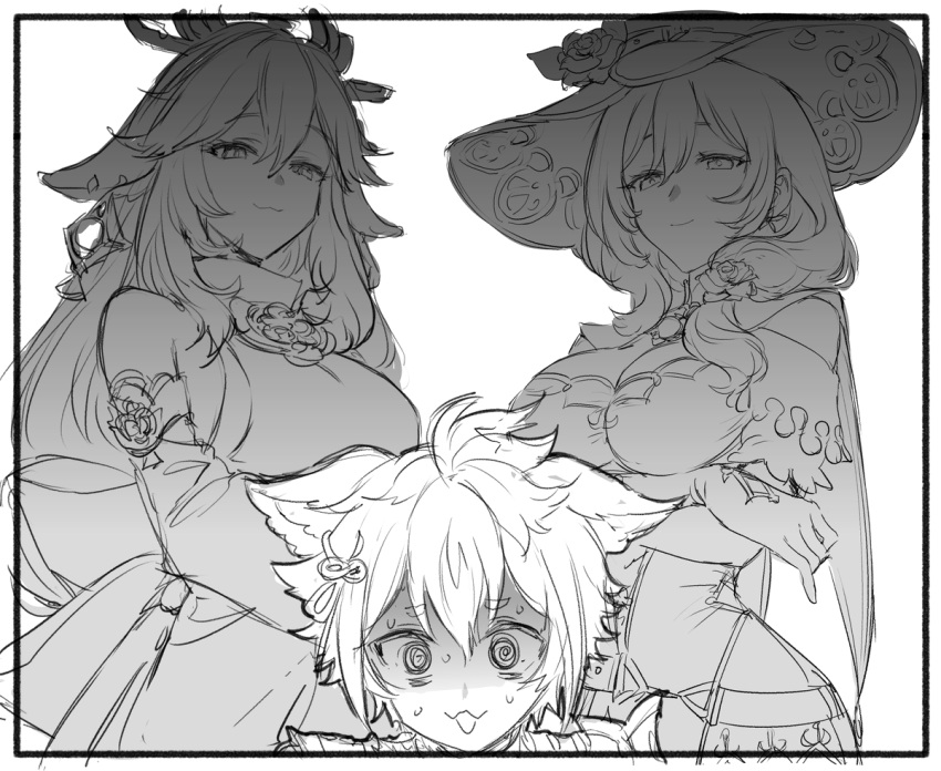 1boy 2girls @_@ animal_ears bare_shoulders border breasts cleavage closed_mouth detached_sleeves earrings flower fox_ears fox_girl genshin_impact gorou_(genshin_impact) greyscale hair_between_eyes hair_flower hair_ornament hat japanese_clothes jewelry large_breasts lisa_(genshin_impact) long_hair miko monochrome multiple_girls rose sbs shaded_face simple_background sketch sweat witch_hat yae_miko