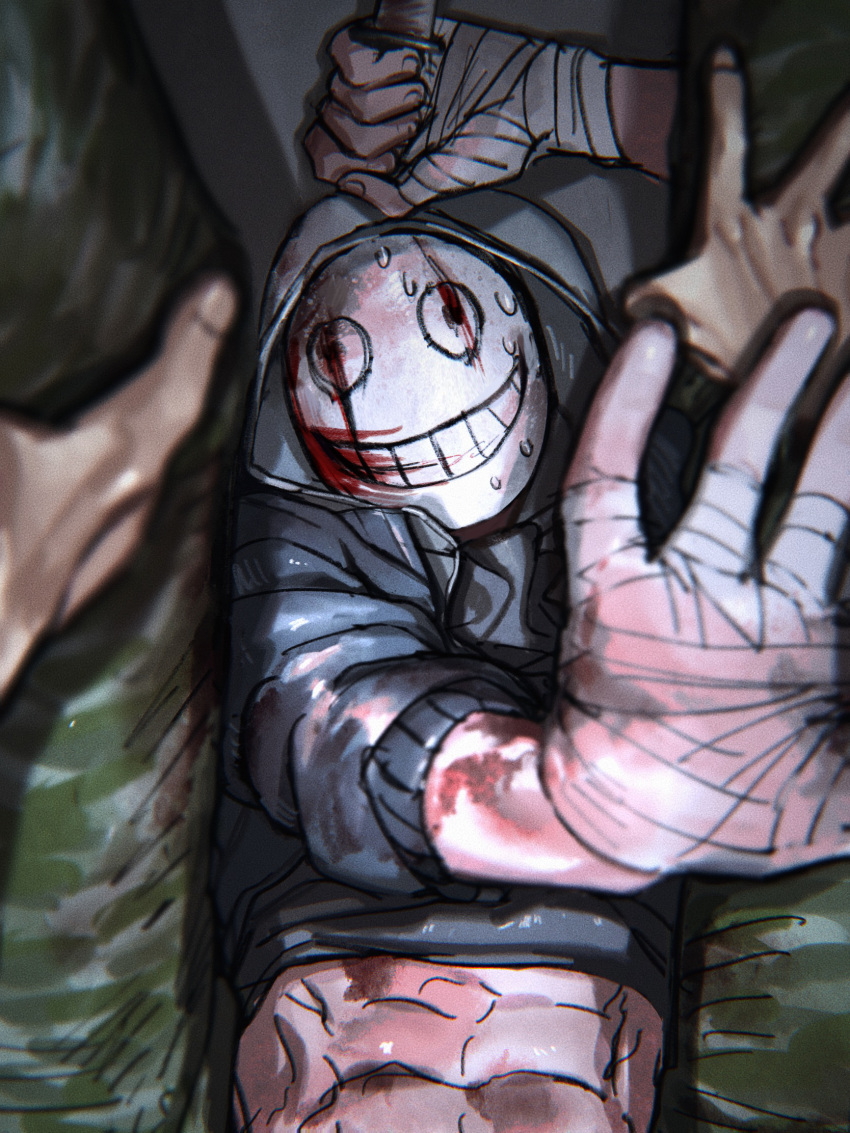 abs arm_above_head bandaged_hand bandages black_jacket blood blood_on_arm blood_on_mask c2h4_(1849155751) dark dead_by_daylight green_pants grey_hoodie highres hood hoodie jacket looking_at_viewer male_focus pants pov pov_hands reaching reaching_towards_viewer spotlight spread_legs the_legion_(dead_by_daylight) upper_body