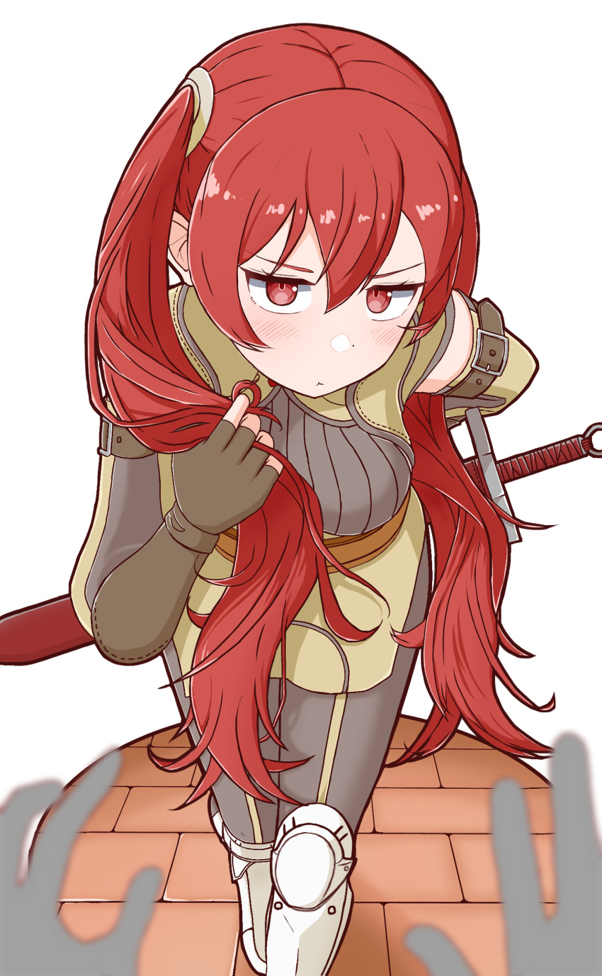 1girl 1other amagumo1023 blush boots breasts commentary_request dot_nose fire_emblem fire_emblem_awakening garter_straps highres leaning_forward looking_at_viewer pout pov pov_hands red_eyes red_hair severa_(fire_emblem) sheath sheathed sword twintails v-shaped_eyebrows weapon white_footwear