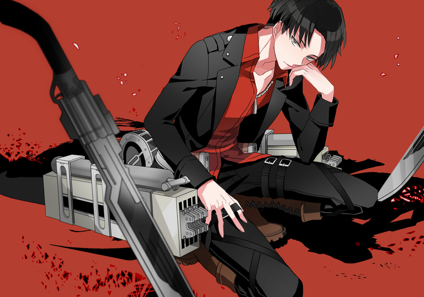 belt black_hair boots gunblade levi_(shingeki_no_kyojin) male_focus michi_(iawei) one_knee red_background shingeki_no_kyojin solo thigh_strap three-dimensional_maneuver_gear weapon