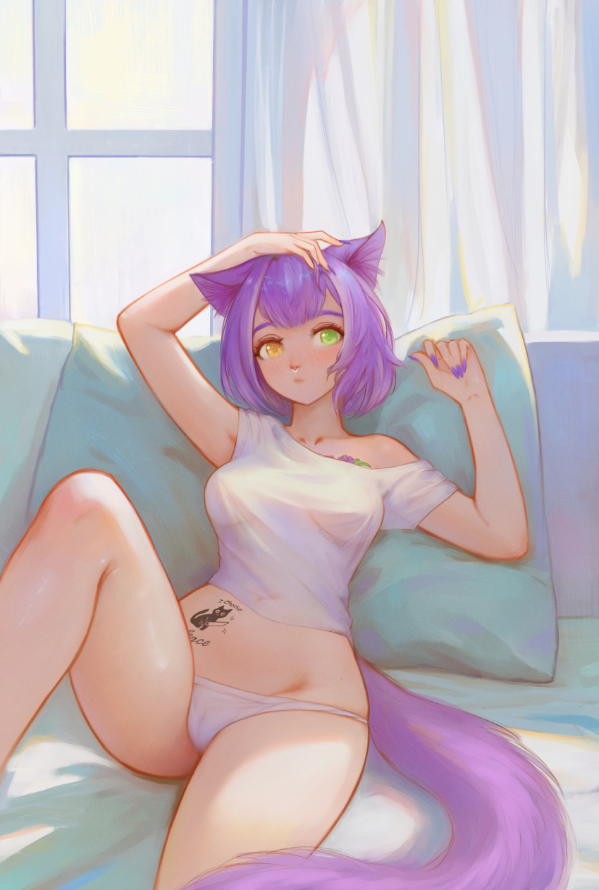 1girl animal_ears arms_up blunt_bangs blush breasts cameltoe cat_ears cat_tail cat_tattoo collarbone covered_navel curtains final_fantasy final_fantasy_xiv flower_tattoo green_eyes hand_on_own_head hand_up heterochromia highres indoors knee_up looking_at_viewer lowleg lowleg_panties medium_breasts miqo'te nose_piercing nose_ring orange_eyes panties piercing pillow purple_hair purple_nails see-through see-through_shirt shchrit shirt sitting snake_tattoo solo stomach_tattoo tail tattoo underwear warrior_of_light_(ff14) white_panties white_shirt window