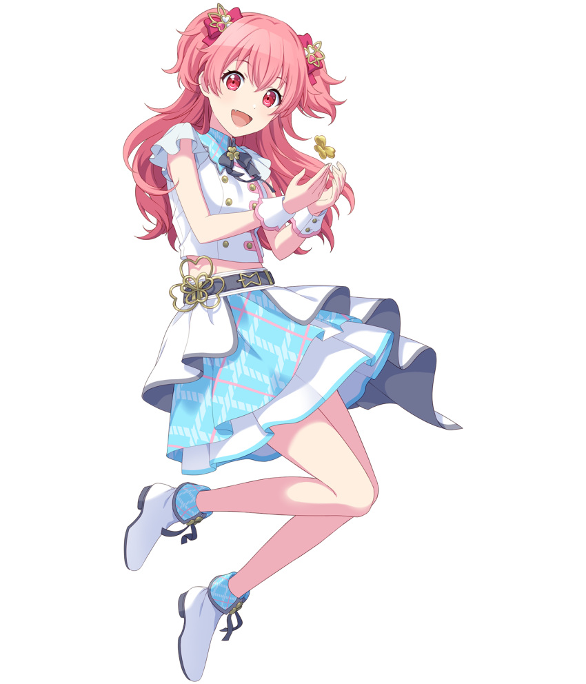 1girl :d belt blue_skirt crossed_bangs fang full_body highres layered_skirt looking_at_viewer midriff momoi_airi non-web_source official_art pink_eyes pink_hair project_sekai shirt short_sleeves skirt smile solo tachi-e transparent_background two_side_up white_footwear white_shirt white_skirt wrist_cuffs