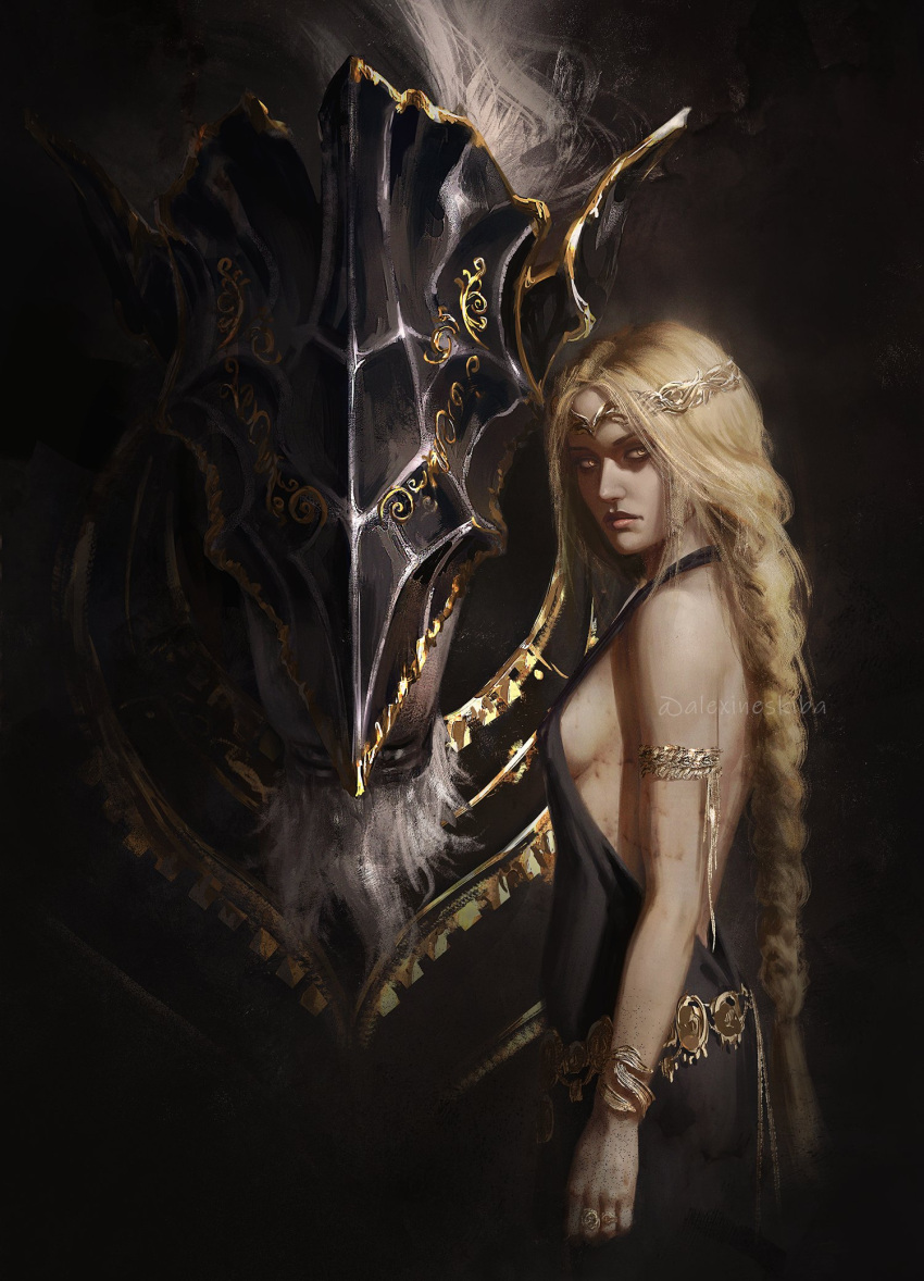 1girl aleksandra_skiba armor bare_shoulders black_dress blonde_hair bracelet braid breasts cleavage covered_eyes crown dress elden_ring grey_hair helmet highres jewelry long_hair looking_at_viewer maliketh_the_black_blade queen_marika_the_eternal red_hair very_long_hair yellow_eyes