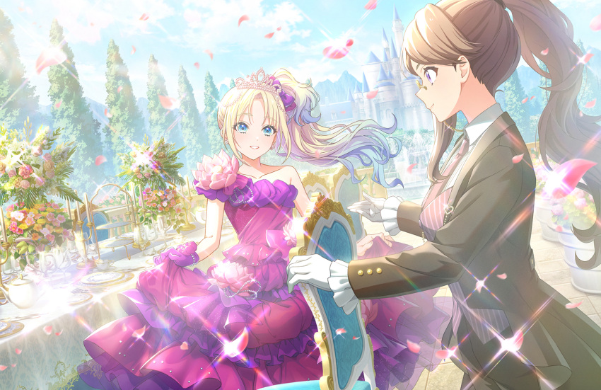 2girls black_coat black_pants black_suit blonde_hair blue_eyes blue_hair blue_sky bouquet brown_hair butler candlestand castle closed_mouth coat collarbone cup cutlery dress dress_flower dress_shirt drinking_glass earrings falling_petals female_butler formal frilled_dress frills fujishima_megumi game_cg gloves gradient_hair grin high_ponytail high_side_ponytail highres jewelry link!_like!_love_live! lone_nape_hair long_dress long_hair long_sleeves looking_at_another love_live! monocle monocle_chain multicolored_hair multiple_girls necktie official_art osawa_rurino pant_suit pants parted_bangs parted_lips petals pink_necktie pink_vest plate princess purple_dress purple_eyes purple_gloves shirt sidelocks single-shoulder_dress single_sidelock skirt_hold sky smile suit tailcoat teapot third-party_source two-tone_hair vest white_shirt wine_glass yellow-framed_eyewear