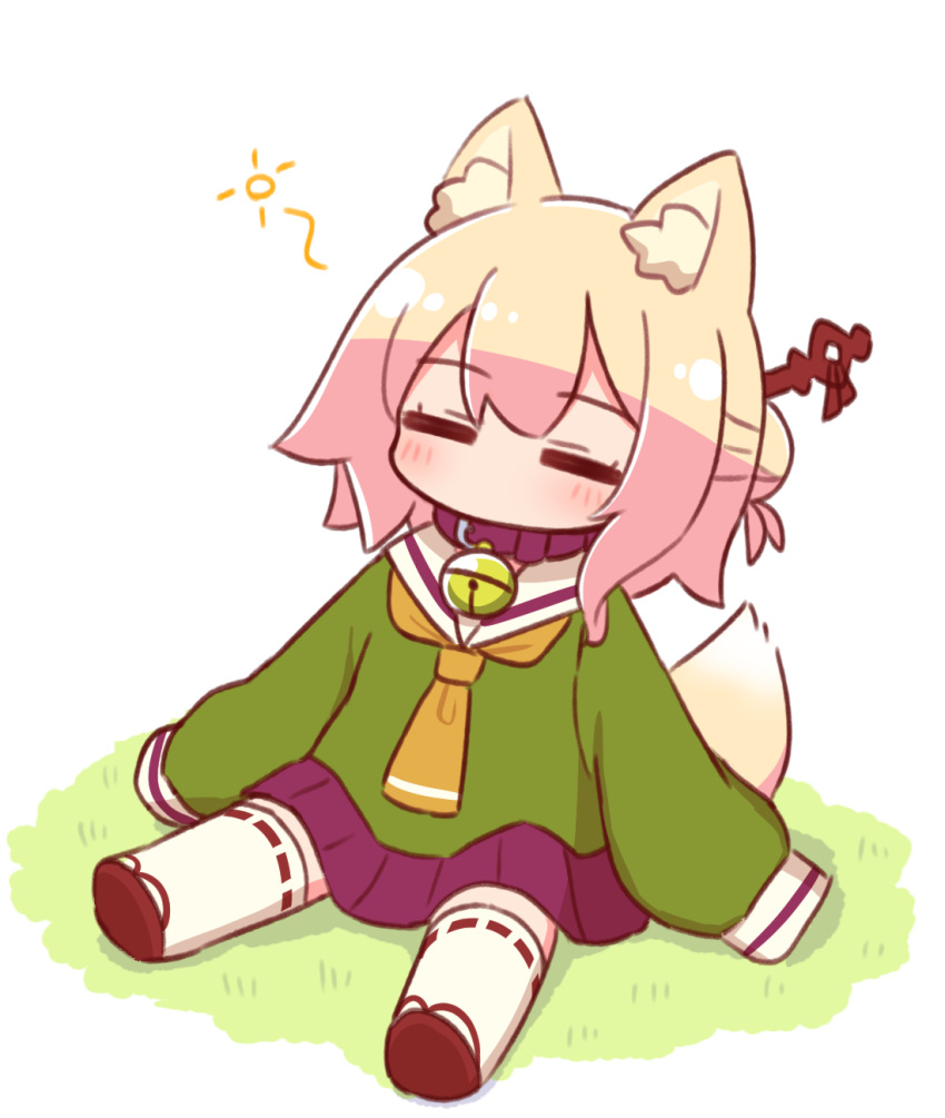 1girl animal_ears bell blonde_hair blush brown_footwear brown_necktie closed_eyes collar commentary_request facing_viewer fox_ears fox_girl fox_tail green_shirt hair_bun hair_ornament highres jingle_bell kemomimi-chan_(naga_u) long_sleeves naga_u neck_bell necktie on_grass original pleated_skirt puffy_long_sleeves puffy_sleeves purple_collar purple_skirt ribbon-trimmed_thighhighs ribbon_trim sailor_collar sandals shirt shoe_soles simple_background sitting skirt sleeves_past_fingers sleeves_past_wrists solo tail thighhighs white_background white_sailor_collar white_thighhighs zouri