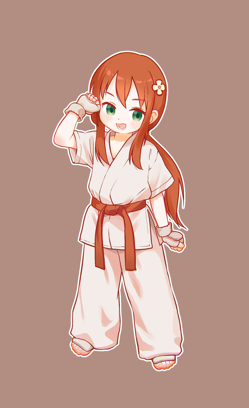 1girl :d alternate_hairstyle barefoot belt brown_background brown_hair commentary_request dougi flower full_body green_eyes hair_flower hair_ornament highres kobayashi-san_chi_no_maidragon kuma-bound long_hair martial_arts_belt open_mouth pants saikawa_riko simple_background smile solo standing toes white_flower white_pants