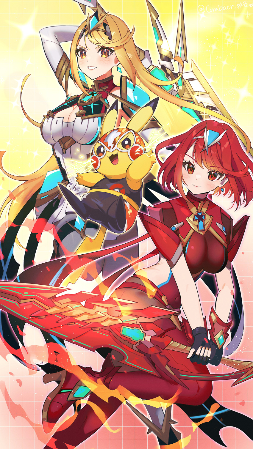 2girls absurdres adapted_costume aegis_sword_(xenoblade) bare_shoulders black_pantyhose blonde_hair blush breasts chest_jewel cleavage clothed_pokemon cosplay_pikachu dress earrings elbow_gloves gloves headpiece highres jewelry large_breasts long_hair multiple_girls mythra_(massive_melee)_(xenoblade) mythra_(xenoblade) open_mouth pantyhose pikachu pikachu_libre pokemon_(creature) pyra_(xenoblade) red_eyes red_hair red_shorts short_hair shorts smile super_smash_bros. swept_bangs sword thighhighs thighhighs_over_pantyhose tiara very_long_hair weapon white_dress xenoblade_chronicles_(series) xenoblade_chronicles_2 yasaikakiage yellow_eyes
