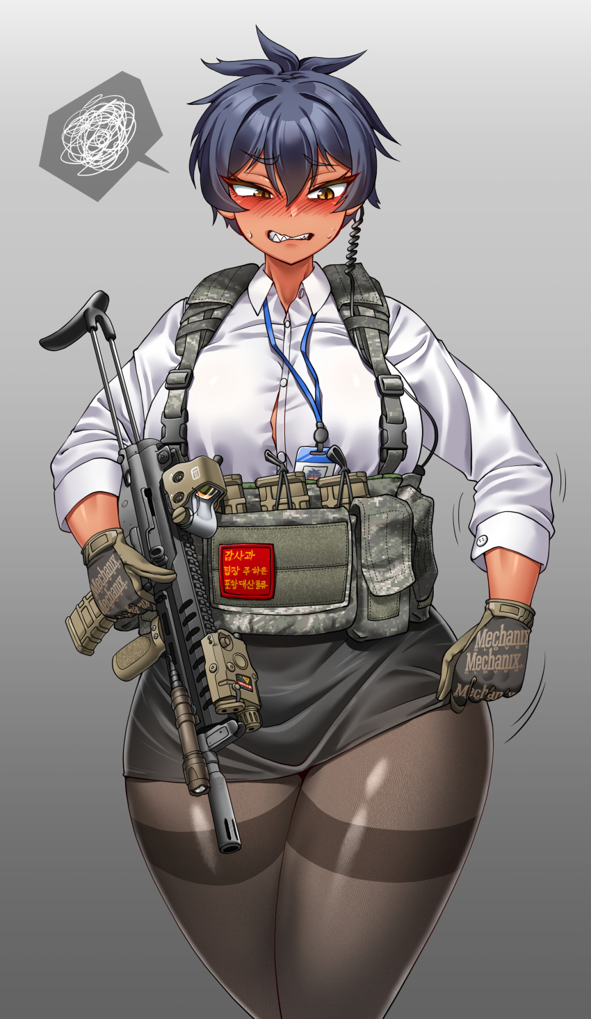 1girl absurdres assault_rifle badge black_hair black_skirt blush breasts brown_gloves daewoo_k2 flashlight forest gloves gun hair_between_eyes highres hitch_(perotoss) korean_text large_breasts laser_sight load_bearing_vest long_sleeves looking_down magazine_(weapon) mechanix_wear miniskirt nature optical_sight original pantyhose rifle sergeant_joo sharp_teeth shirt short_hair skirt slit_pupils solo speech_bubble sweat tan teeth tomboy weapon white_shirt yellow_eyes