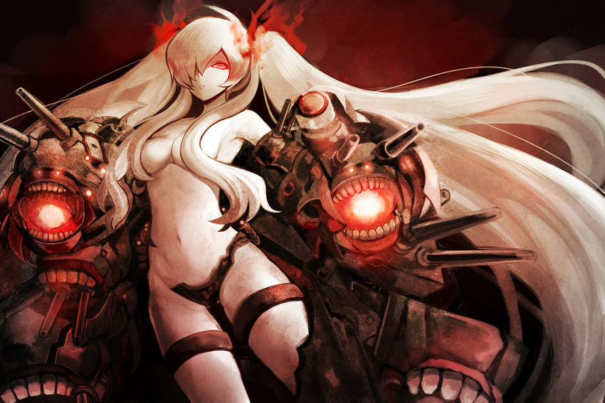banned_artist breasts convenient_censoring glowing glowing_eyes hair_censor harano highres kantai_collection large_breasts long_hair navel pale_skin red_eyes shinkaisei-kan solo southern_ocean_war_hime thigh_strap topless twintails very_long_hair white_hair