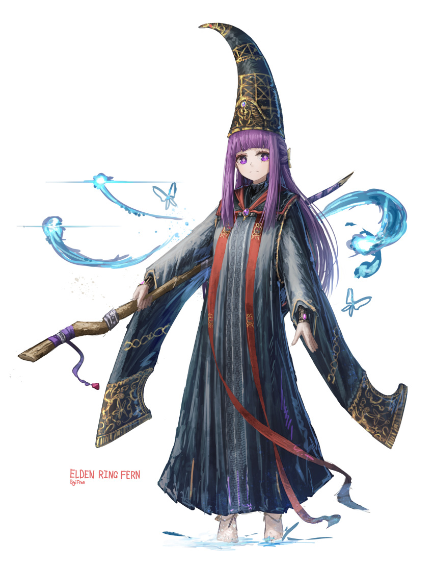 1girl absurdres blue_robe blunt_bangs bug butterfly character_name closed_mouth copyright_name cosplay elden_ring english_commentary eyelashes fern_(sousou_no_frieren) franlol full_body hat highres holding holding_staff long_hair magic purple_eyes purple_hair rennala_queen_of_the_full_moon rennala_queen_of_the_full_moon_(cosplay) robe simple_background solo sousou_no_frieren staff white_background wizard_hat