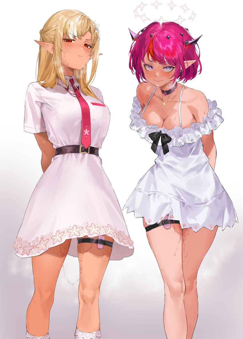 2girls absurdres arms_behind_back belt black_belt blonde_hair breasts cleavage closed_mouth collared_dress dark-skinned_female dark_skin dress egg_vibrator elf halo highres hololive hololive_english irys_(casualrys)_(hololive) irys_(hololive) kneehighs kuroi_suna large_breasts long_hair looking_at_viewer medium_breasts multicolored_hair multiple_girls necktie official_alternate_costume pink_hair pink_necktie pointy_ears red_eyes sex_toy shiranui_flare shiranui_flare_(4th_costume) short_hair socks standing streaked_hair vibrator vibrator_in_thigh_strap virtual_youtuber white_dress