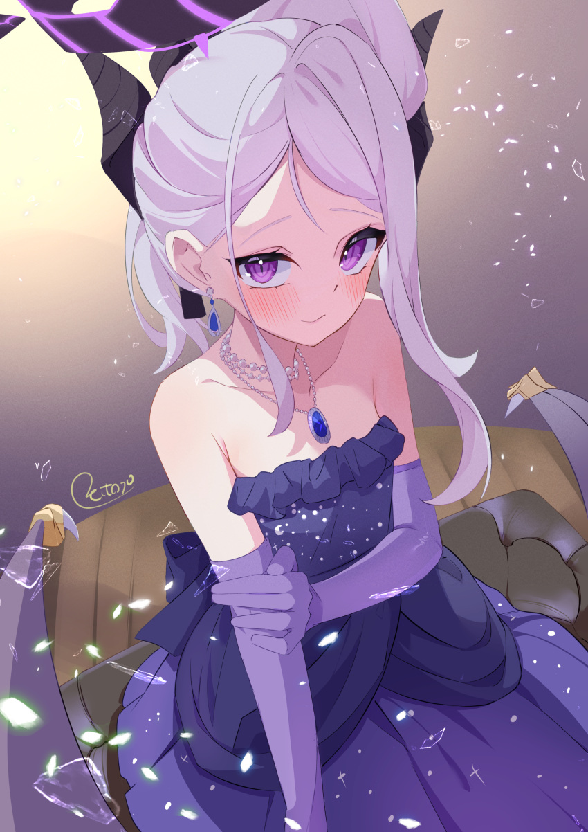 1girl absurdres bead_necklace beads blue_archive blush breasts demon_girl demon_horns demon_wings dress earrings elbow_gloves gloves grey_hair highres hina_(blue_archive) hina_(dress)_(blue_archive) horns jewelry looking_at_viewer necklace official_alternate_costume purple_dress purple_eyes purple_gloves reitou_mkn single_earring small_breasts solo wings
