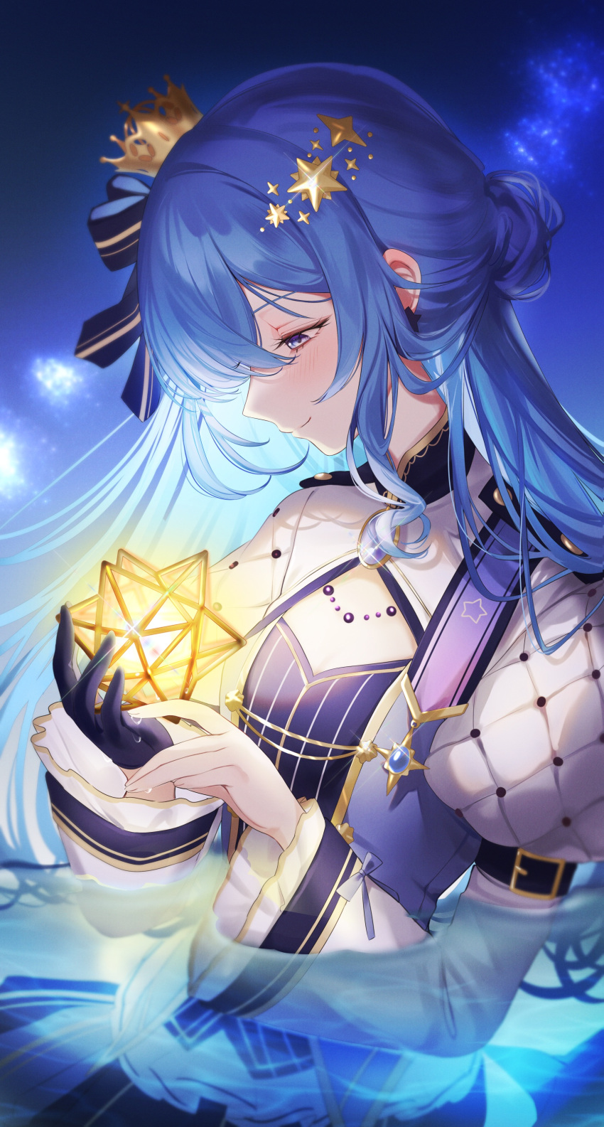 1girl absurdres blue_eyes blue_hair crown earrings gloves hair_ornament highres hololive hoshimachi_suisei jewelry juliet_sleeves kuma_daigorou long_sleeves mini_crown partially_submerged profile puffy_sleeves single_glove smile star_(symbol) star_earrings star_hair_ornament virtual_youtuber water