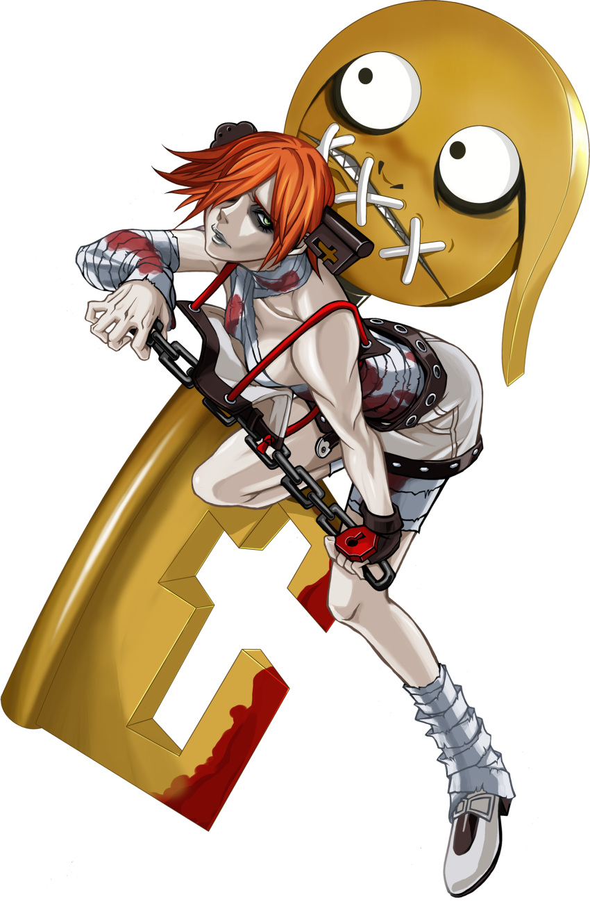 1girl a.b.a bags_under_eyes bandaged_arm bandaged_chest bandaged_leg bandages blood blood_on_weapon blue_lips chain full_body green_eyes guilty_gear guilty_gear_xx highres holding holding_chain key_in_head looking_at_viewer object_through_head official_art paracelsus parted_lips red_hair short_hair solo stitched_mouth stitches third-party_source transparent_background weapon