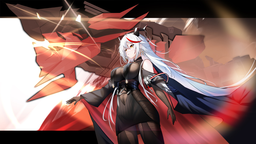 1girl absurdly_long_hair absurdres aegir_(azur_lane) azur_lane bare_shoulders black_dress black_gloves black_horns bodystocking breast_curtains breasts cowboy_shot cross cross_earrings demon_horns dress earrings elbow_gloves from_side gloves hair_between_eyes hair_on_horn highres horns iron_cross jewelry large_breasts long_hair microdress multicolored_hair non-humanoid_robot red_hair robot robot_dragon solo standing streaked_hair thunder-35 two-tone_hair very_long_hair white_hair yellow_eyes