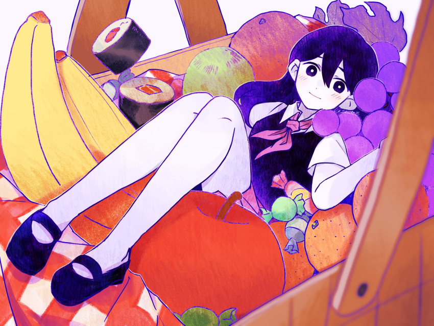 1girl 6f6d6f7269 apple banana black_footwear black_sweater_vest blush closed_mouth colored_skin food fruit grapes highres long_hair makizushi mari_(headspace)_(omori) mari_(omori) neckerchief omori orange_(fruit) purple_eyes purple_hair red_neckerchief short_sleeves smile solo sushi sweater_vest white_skin