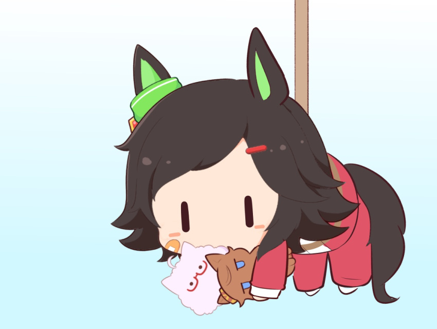 1girl animal animal_ears animalization bandaid bandaid_on_cheek bandaid_on_face biwa_hayahide_(umamusume) black_hair blue_background blue_eyes blush_stickers cat chibi glasses gomashio_(goma_feet) gradient_background hair_ornament hairclip horse_ears horse_girl horse_tail jacket jitome long_sleeves narita_taishin_(umamusume) pants red-framed_eyewear red_jacket red_pants rope semi-rimless_eyewear socks suspension swept_bangs tail track_jacket track_pants track_suit umamusume under-rim_eyewear white_background white_socks winning_ticket_(umamusume) |_|